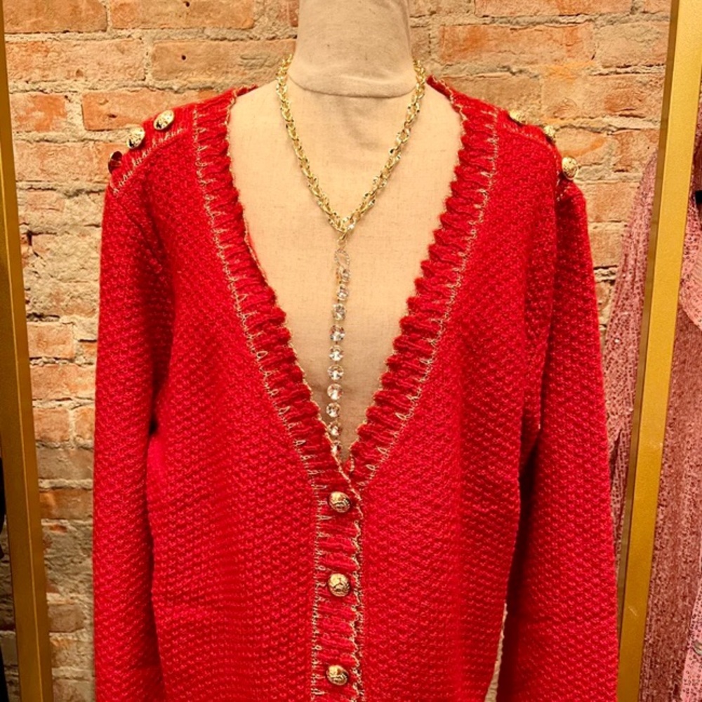 POL Red Button Front Cardigan with Sparkly Gold Trim - Picture 3 of 15
